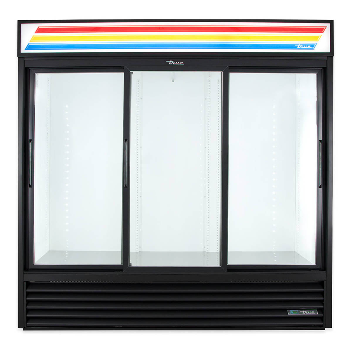 True GDM-69-HC-LD 3-door glass door merchandiser, black exterior, front view, empty