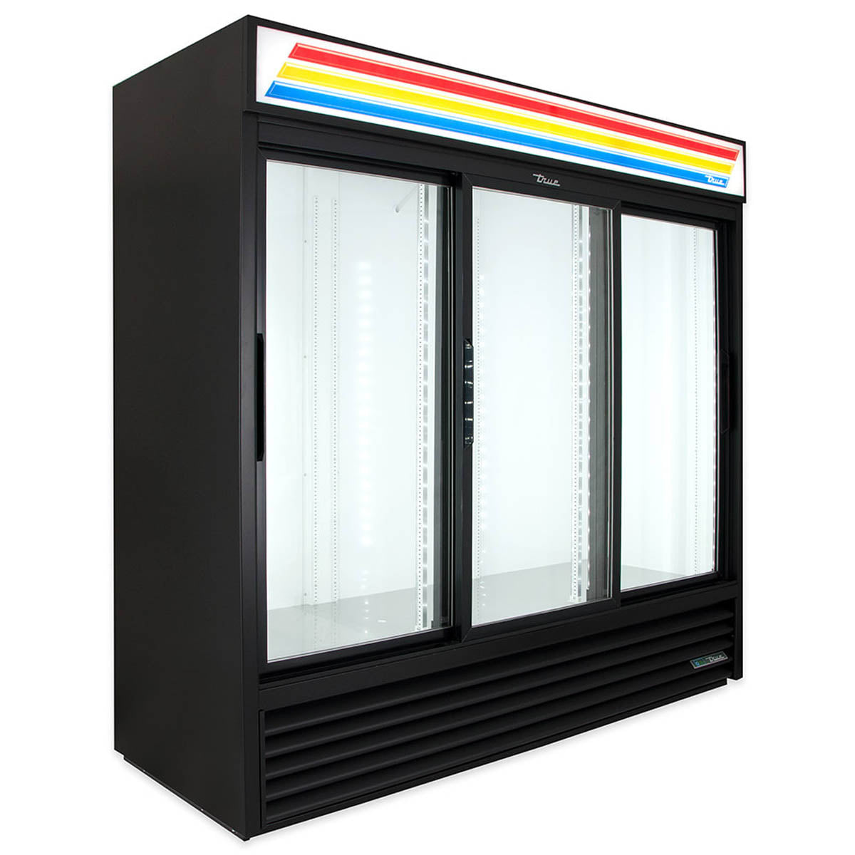 True GDM-69-HC-LD 3-door glass door merchandiser, black exterior, front angle view, empty