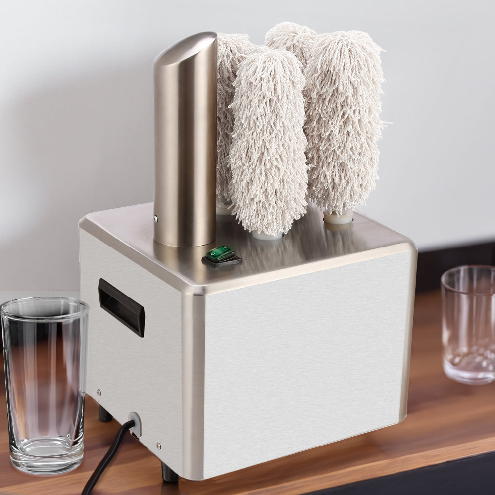 Prepline GP-5B glass polisher on a bar counter with glasses