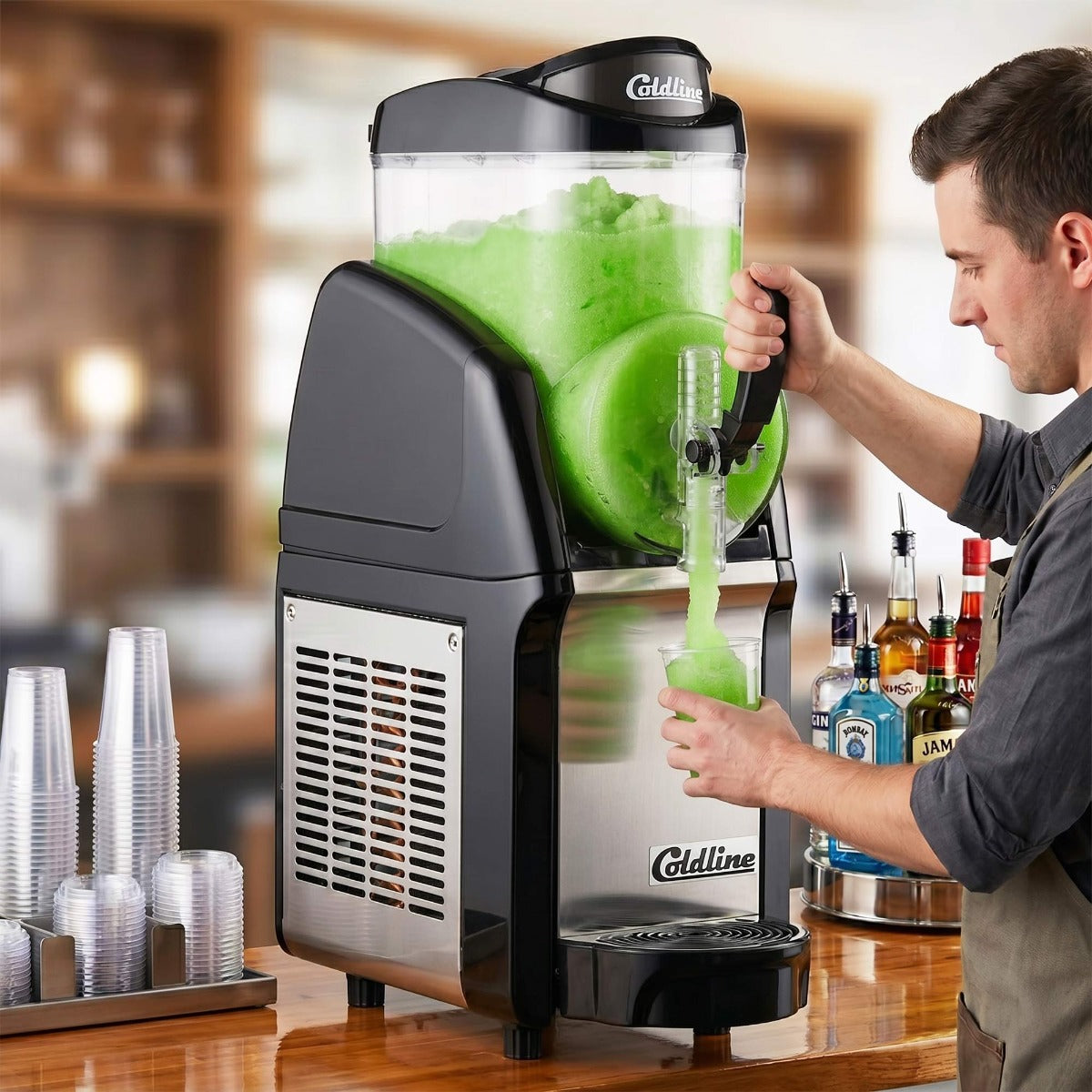 Coldline GRANITA-1N granita slush machine, serving slush at a bar