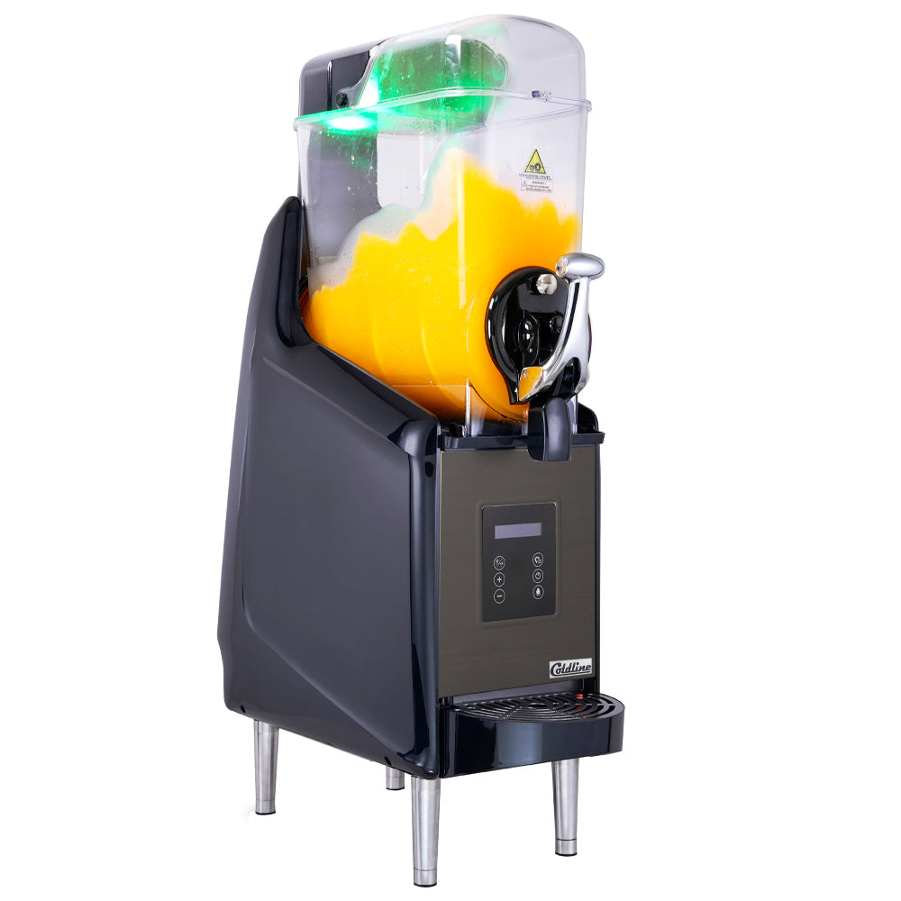 Coldline GRANITA-1X granita slush machine, angled front view with orange slush