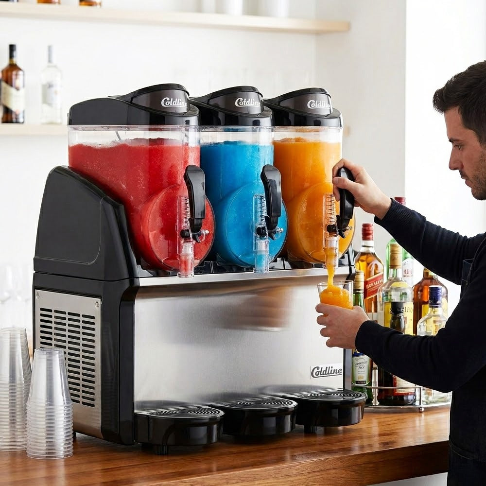Coldline GRANITA-3N granita slush machine, serving slush at a bar