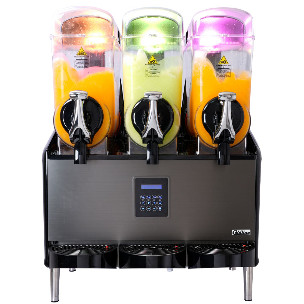 Coldline GRANITA-3X granita slush machine, front view with LED lighting