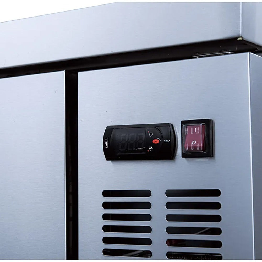 Coldline CB48 2-drawer refrigerated chef base, digital temperature controller and louvered grille, close-up