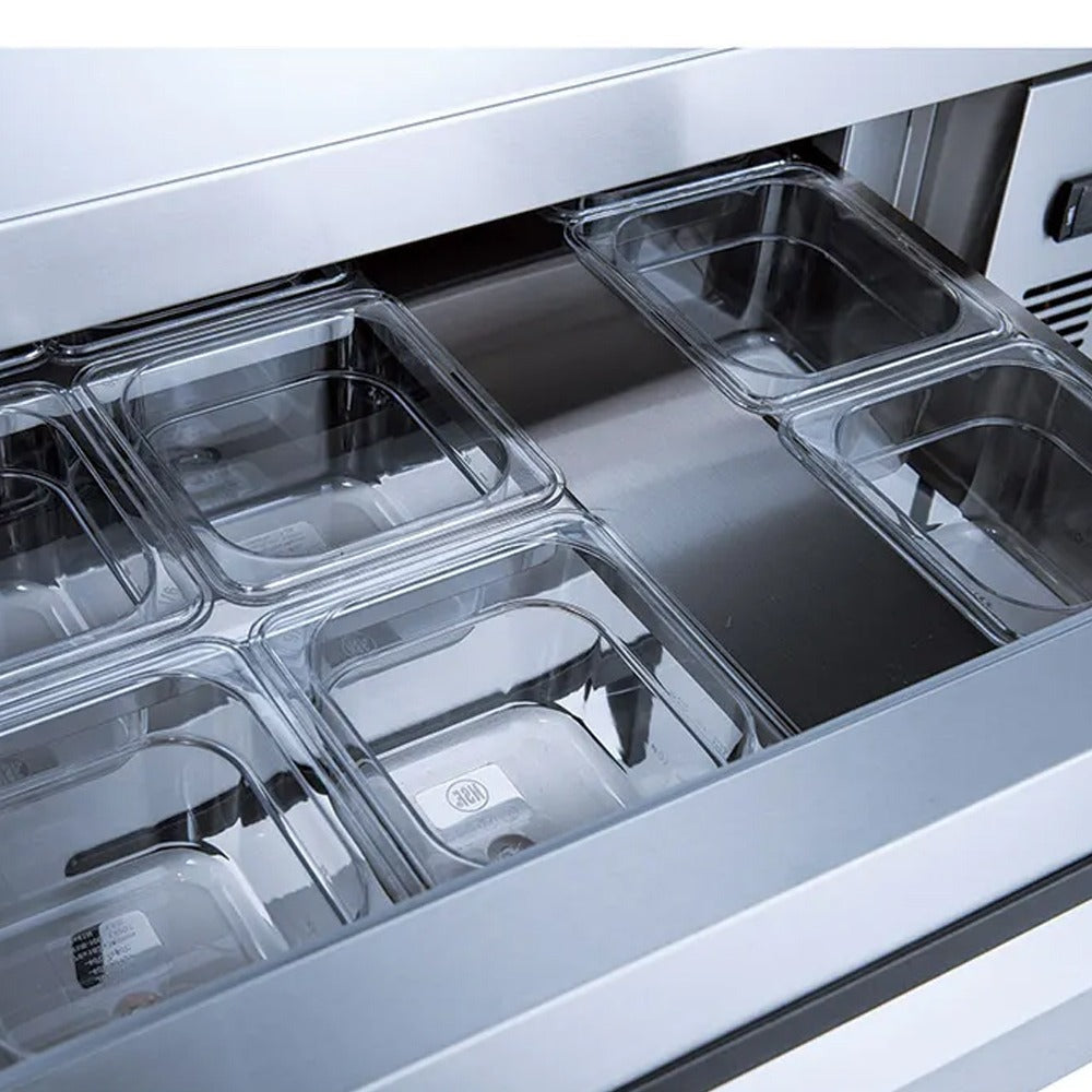 Coldline CB72 4-drawer refrigerated chef base, open drawer holding food pans (representative image)