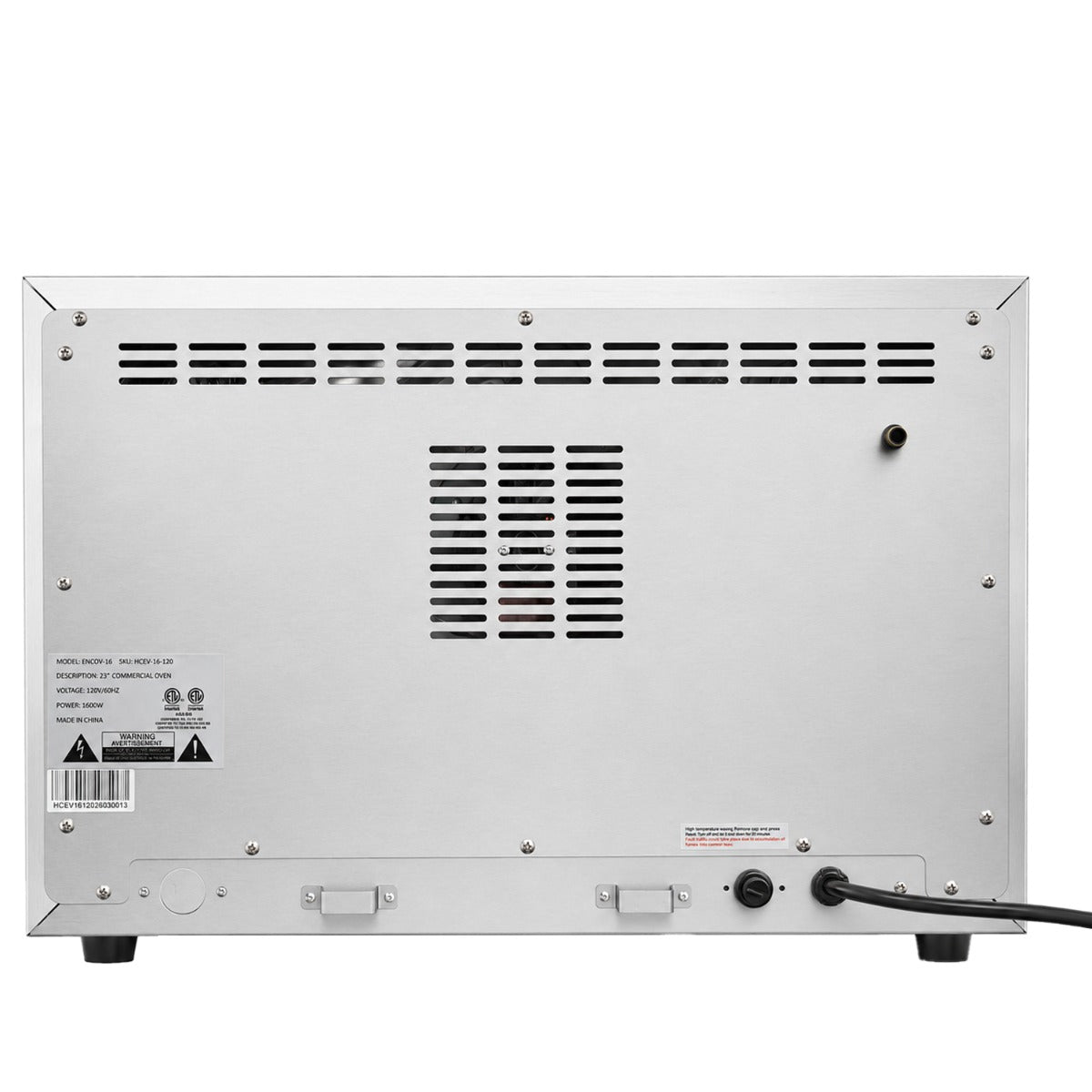 Cookline HCVE-16-120 half size countertop convection oven, rear view showing the power cord