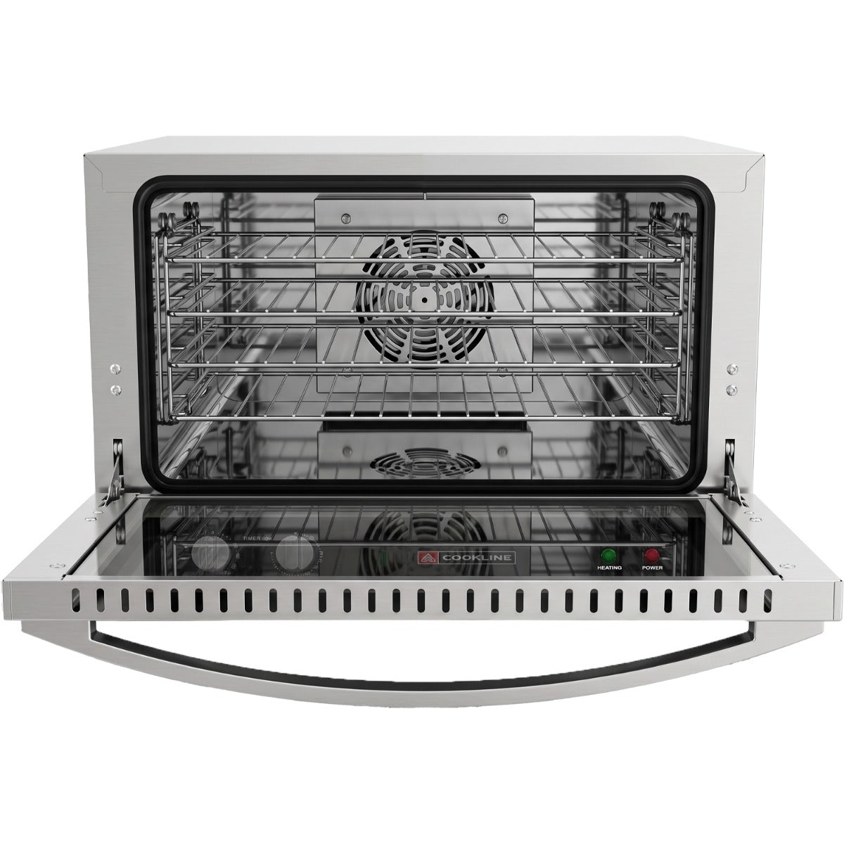 Cookline HCVE-16-120 half size countertop convection oven, door open showing 4 shelves