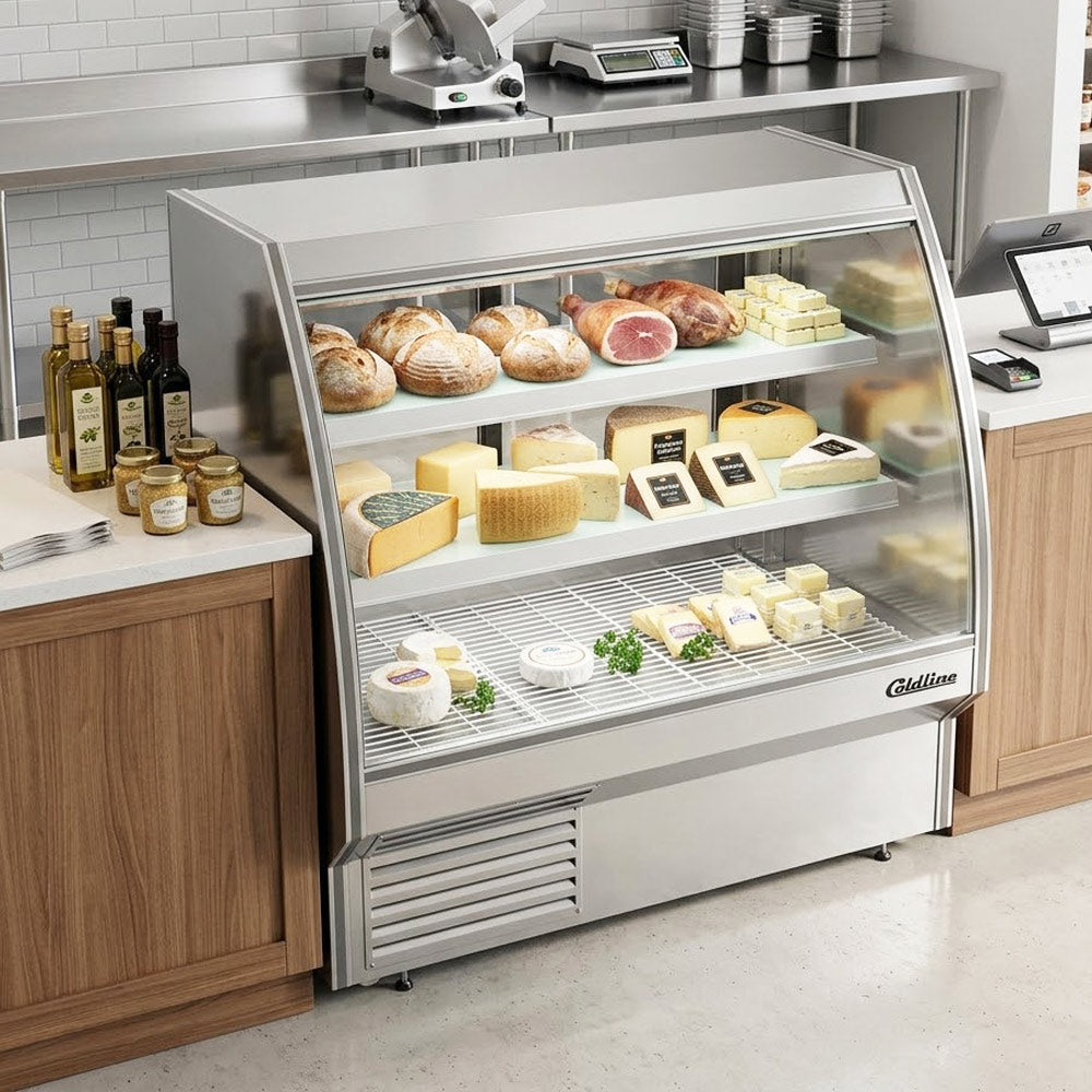 Coldline HDC48 curved glass refrigerated deli display case, in a deli setting (representative image)