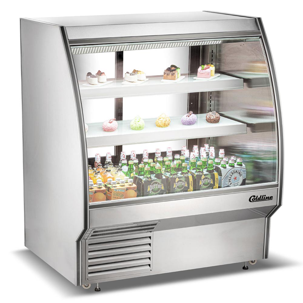 Coldline HDC48 curved glass refrigerated deli display case, stocked, angled front view (representative image)