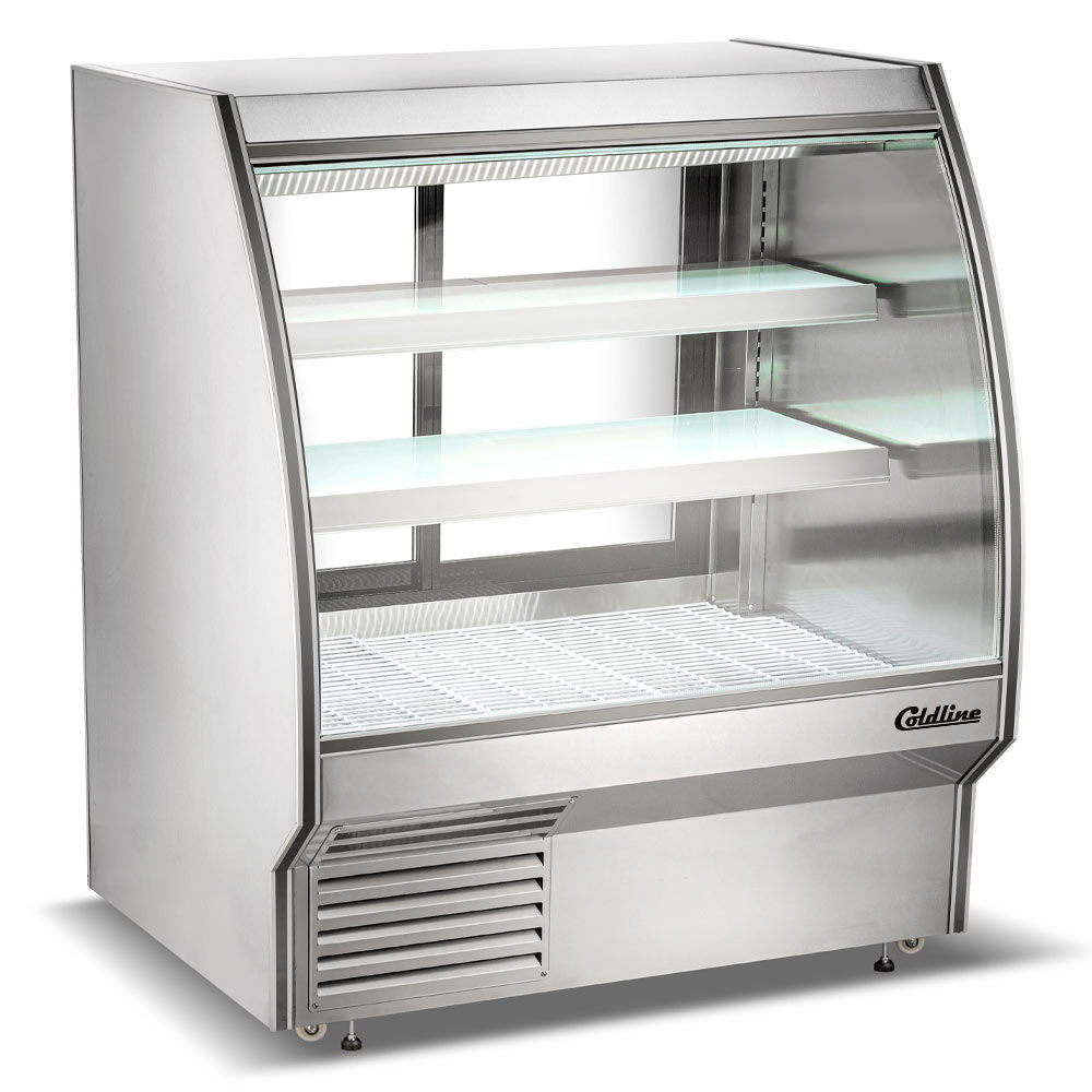 Coldline HDC48-F 48" Refrigerated Curved Glass Seafood Case with Built-in Drain and Rear Storage