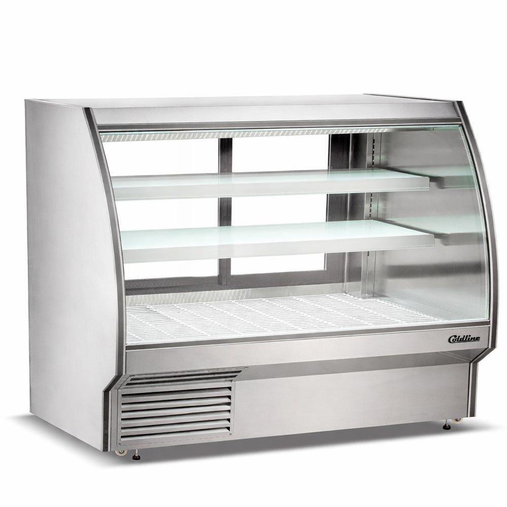 Coldline HDC72-F 72" Refrigerated Curved Glass Seafood Case with Built-in Drain and Rear Storage