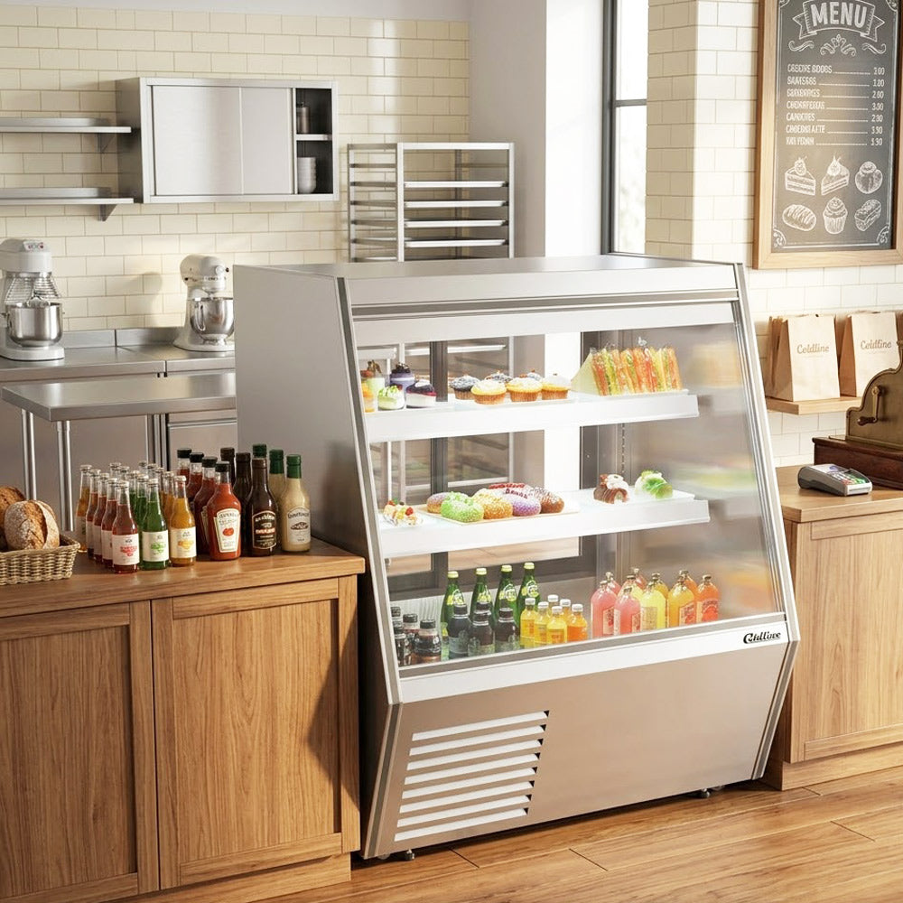 Coldline HDL48 slanted glass refrigerated deli display case, in a deli setting (representative image)
