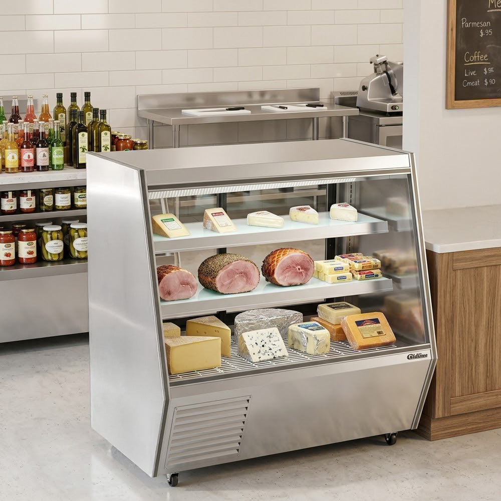 Coldline HDL60 slanted glass refrigerated deli display case, in a deli setting (representative image)