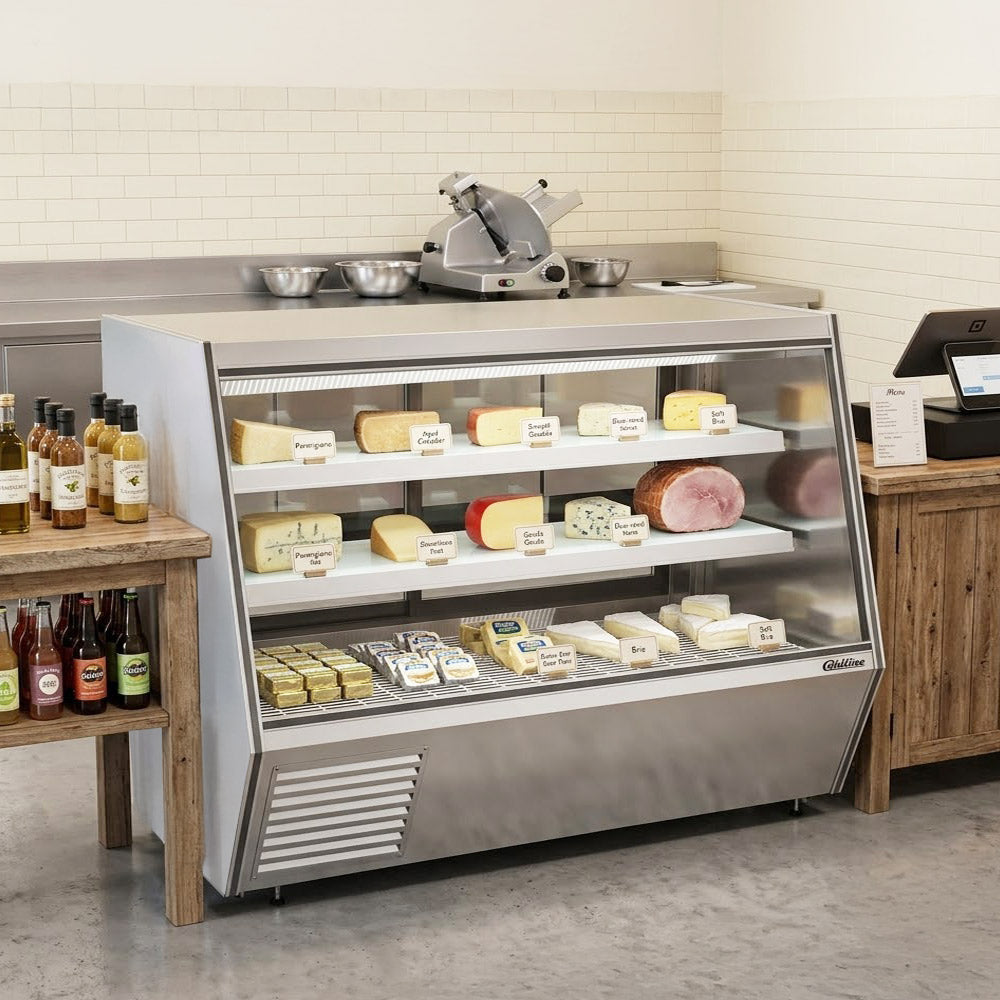 Coldline HDL72 slanted glass refrigerated deli display case, in a deli setting (representative image)