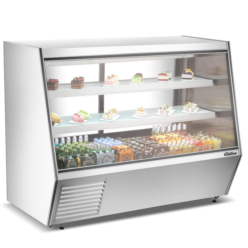 Coldline HDL72 slanted glass refrigerated deli display case, stocked, angled front view (representative image)