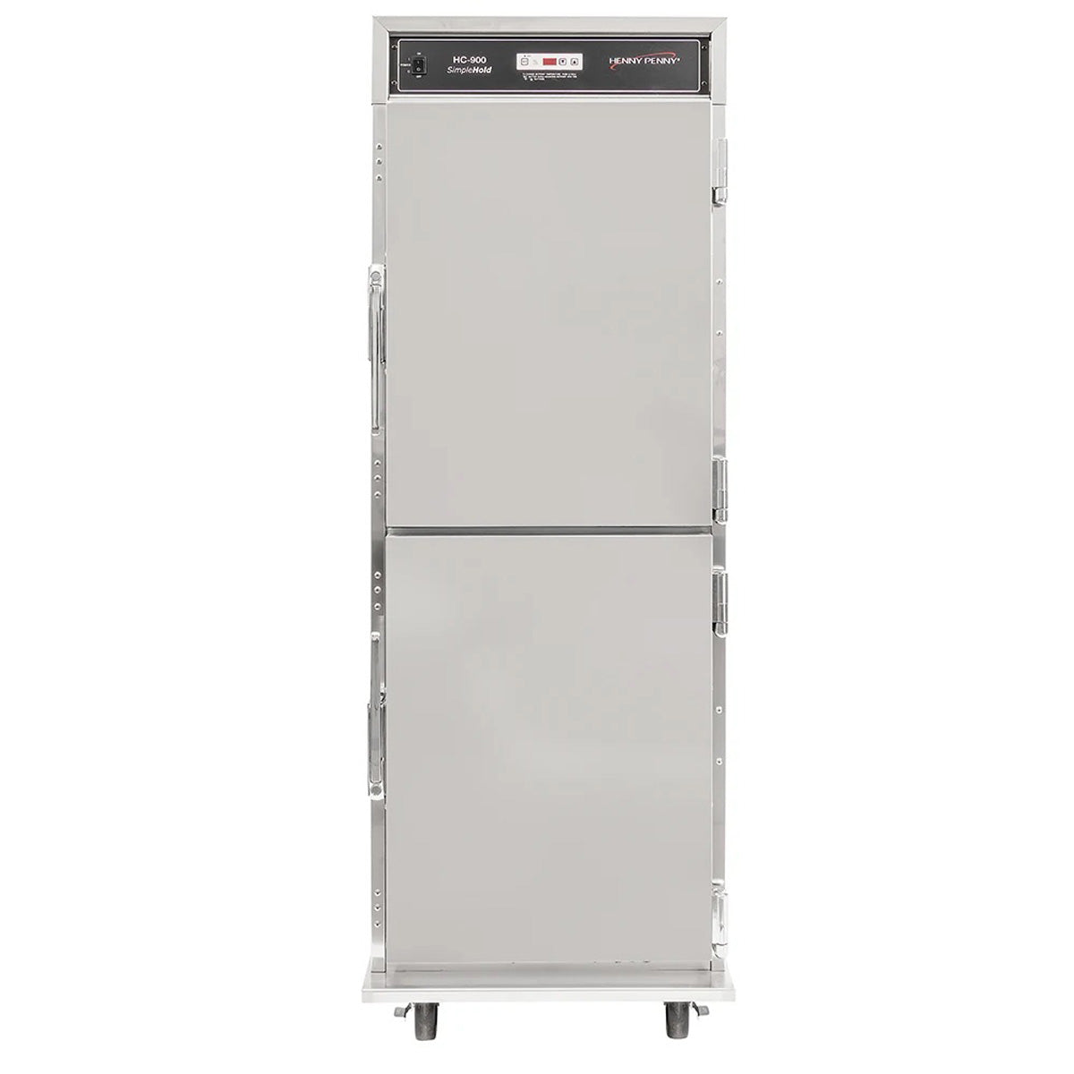 Henny Penny HHC 900 full-size heated holding cabinet, stainless steel half doors, front view, doors closed