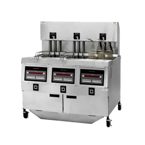 Henny Penny OEA323.03 3-well electric auto lift open fryer with baskets raised, front angle view