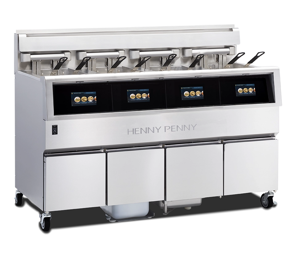 Henny Penny OFG514.0 F5 4-well gas open fryer with touchscreen controls, front angle view
