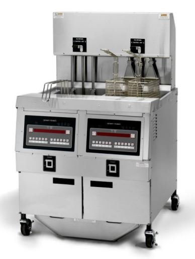 Henny Penny OGA322.04 2-well gas auto lift open fryer with baskets raised, front view