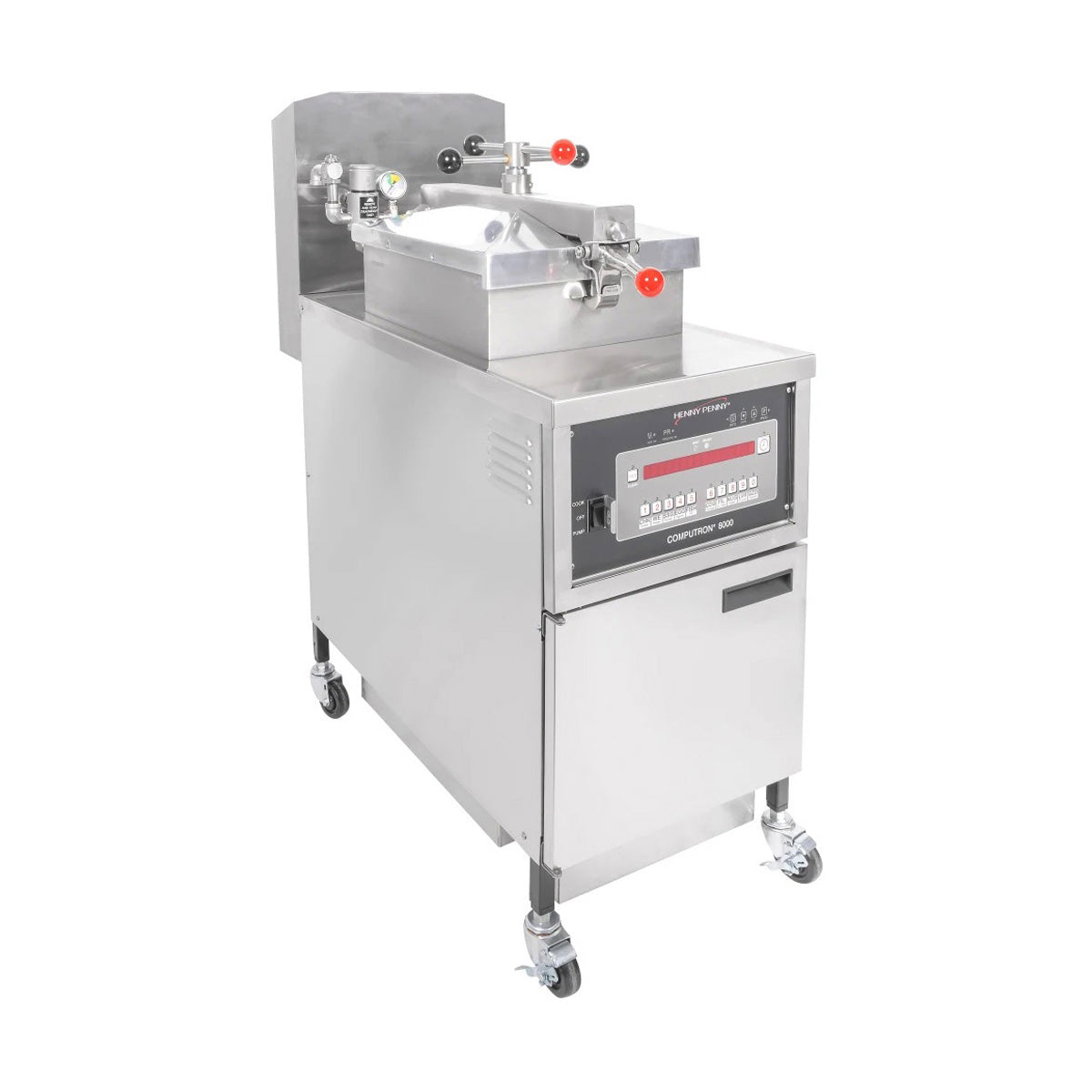 Henny Penny PFE500.07 4-head electric pressure fryer, front three-quarter view, lid closed (representative image, Computron 8000 control shown)