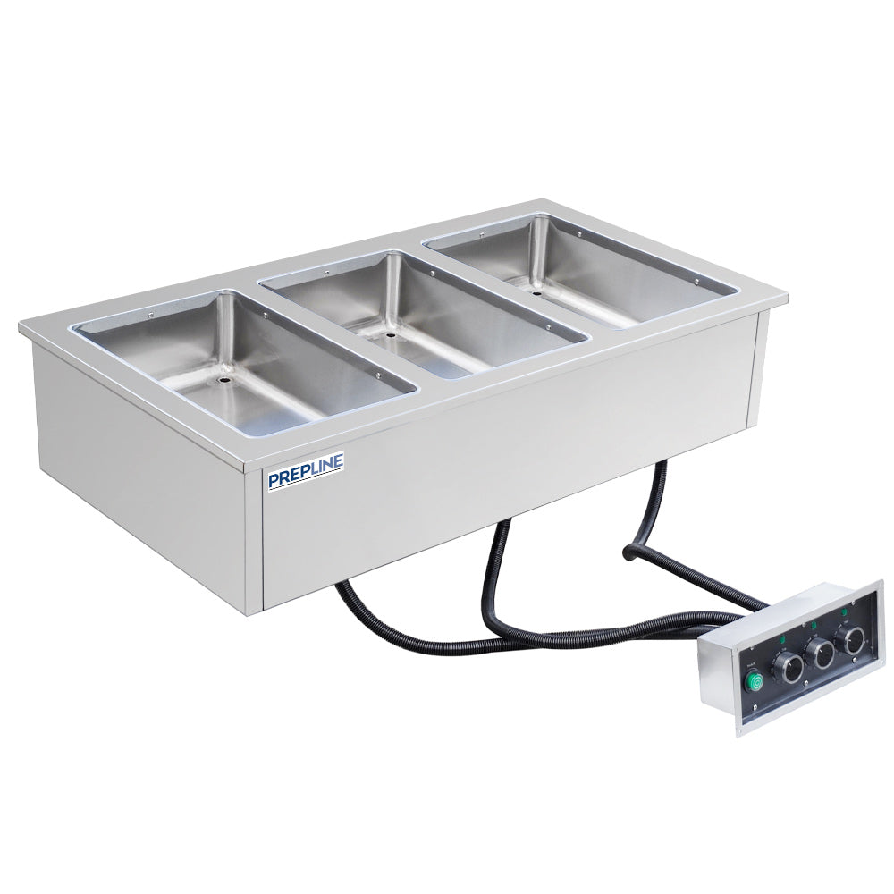 Prepline HFW3 3-pan drop-in hot food well, angled front view with control box