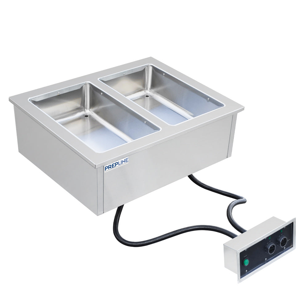 Prepline HFW2 2-pan drop-in hot food well, angled front view with control box