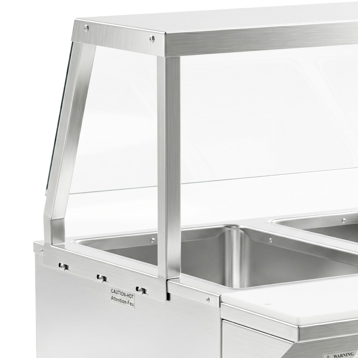Prepline ESTC74-5S-SG electric steam table with sneeze guard, angled sneeze guard with stainless frame, close-up (representative image)