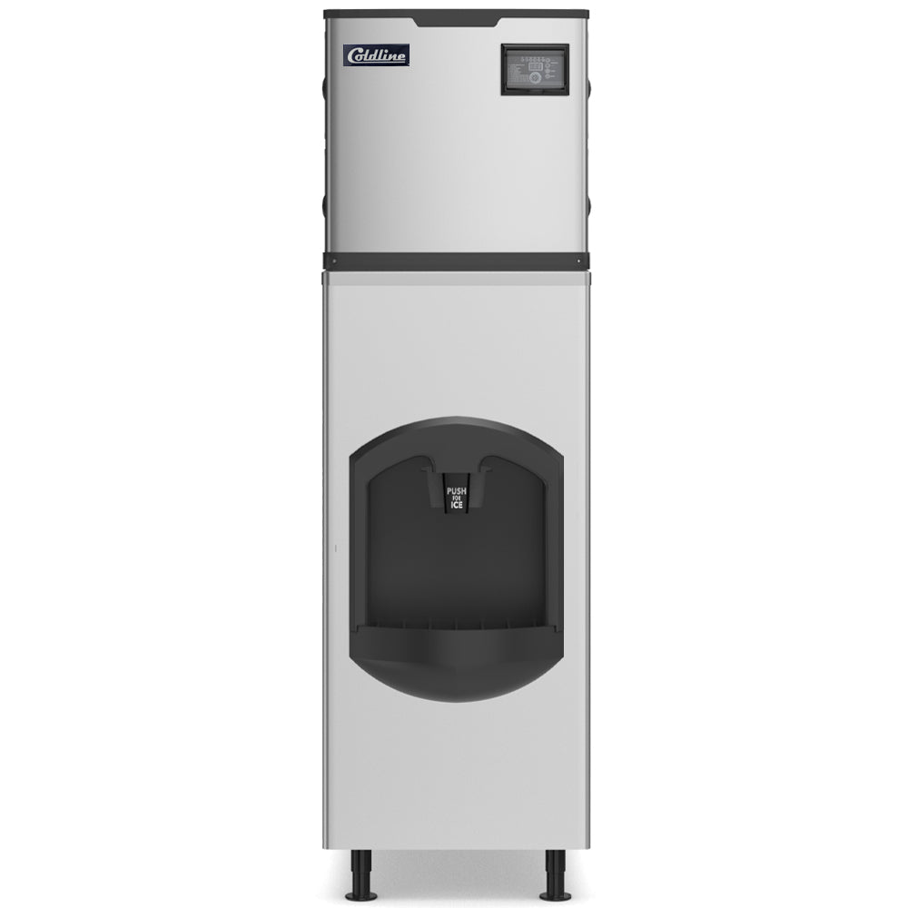 Coldline ICE400-HA-BD150-22 half cube ice machine with dispensing bin, front view