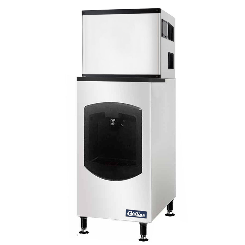 Coldline ICE550-HA-BD250-30 half cube ice machine with dispensing bin, angled front view