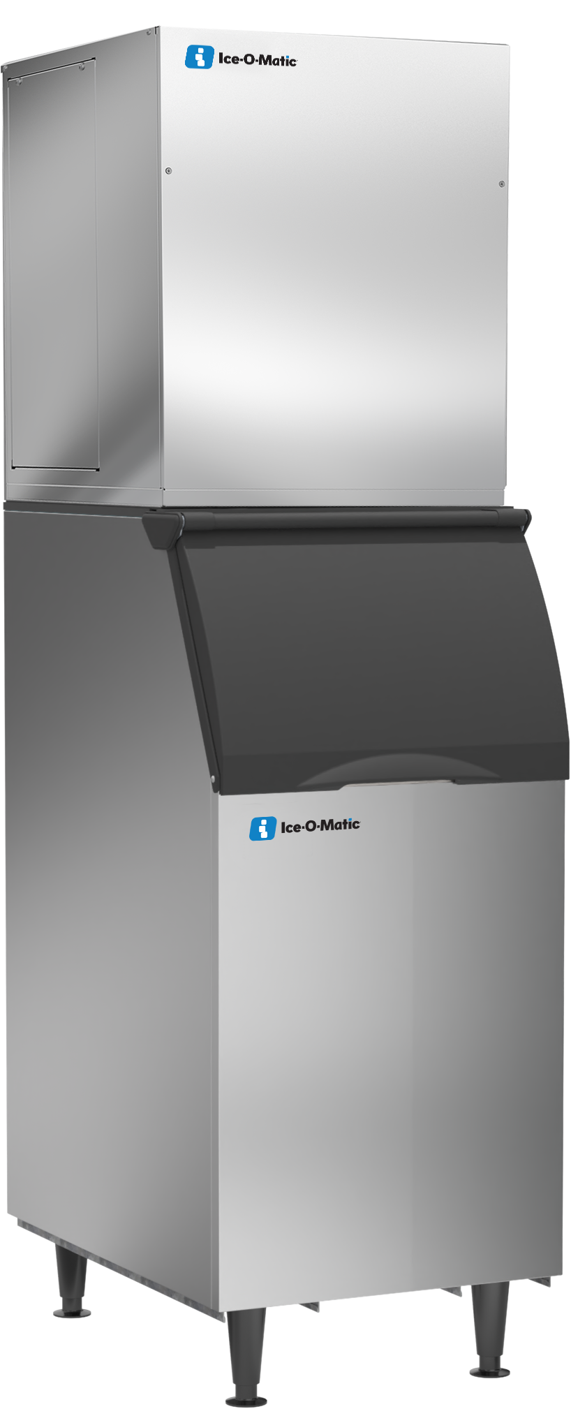 Ice-O-Matic MFI0800W90 flake ice machine head, shown on an ice storage bin (bin sold separately)