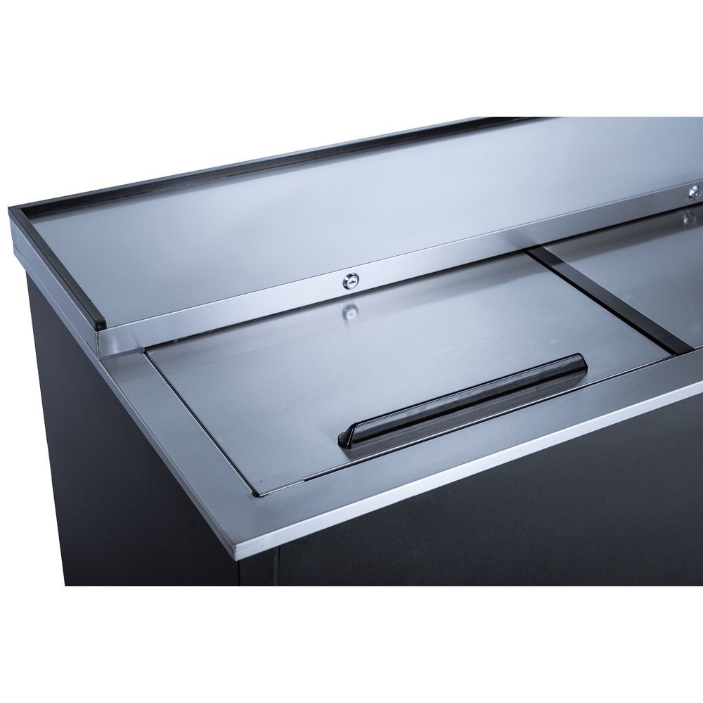 Coldline BBC-65 black horizontal bottle cooler, sliding lid and stainless steel top, close-up