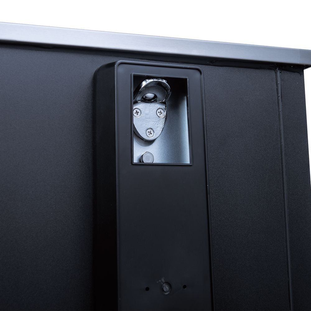 Coldline BBC-25 black horizontal bottle cooler, bottle cap opener, close-up