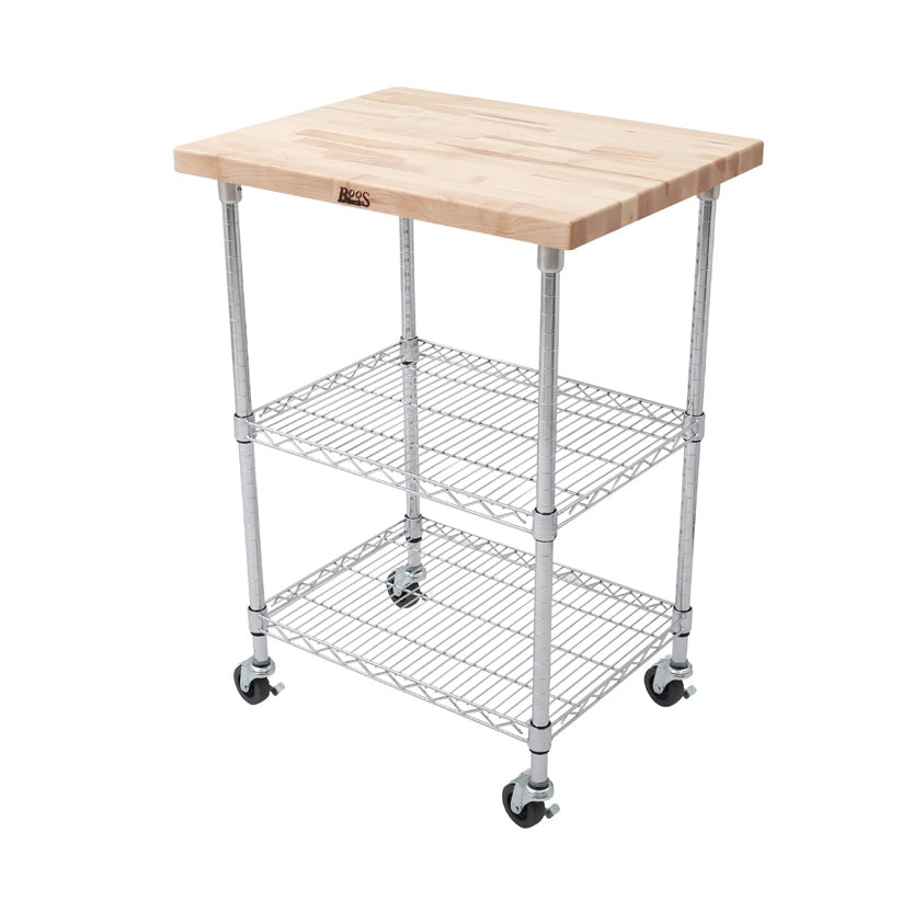 John Boos MET-MWC-2-X Metropolitan 2-Shelf Chrome Wire Utility Cart w/ Maple Wood Top