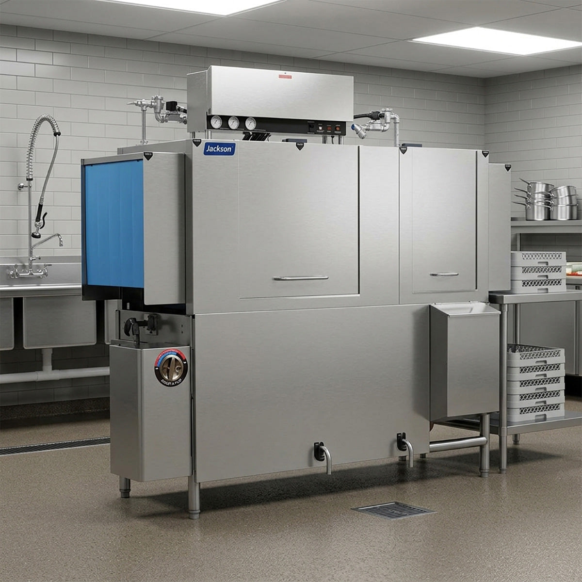 Jackson WWS AJX-66CE 66" Conveyor Dishwasher, 225 Racks/Hr - 153 Gal/Hr - High Temp without Booster