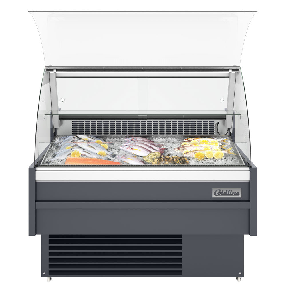 Coldline SDC48-F refrigerated fish display case, front view, stocked with seafood