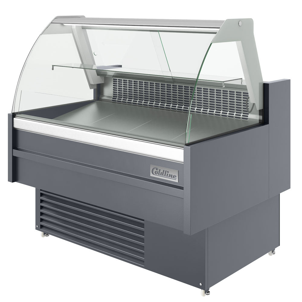 Coldline SDC48 curved glass meat deli case, angled front view