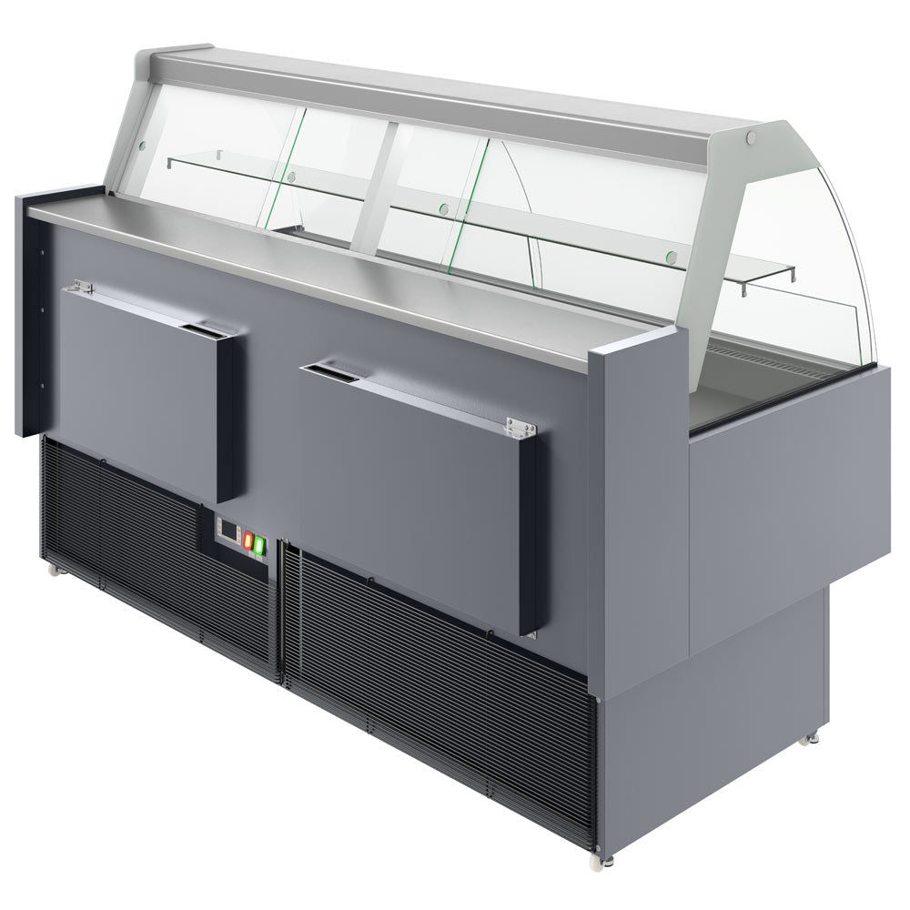 Coldline SDC72 curved glass meat deli case, rear view with storage doors