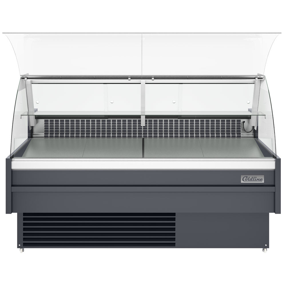 Coldline SDC72 curved glass meat deli case, front view with glass raised