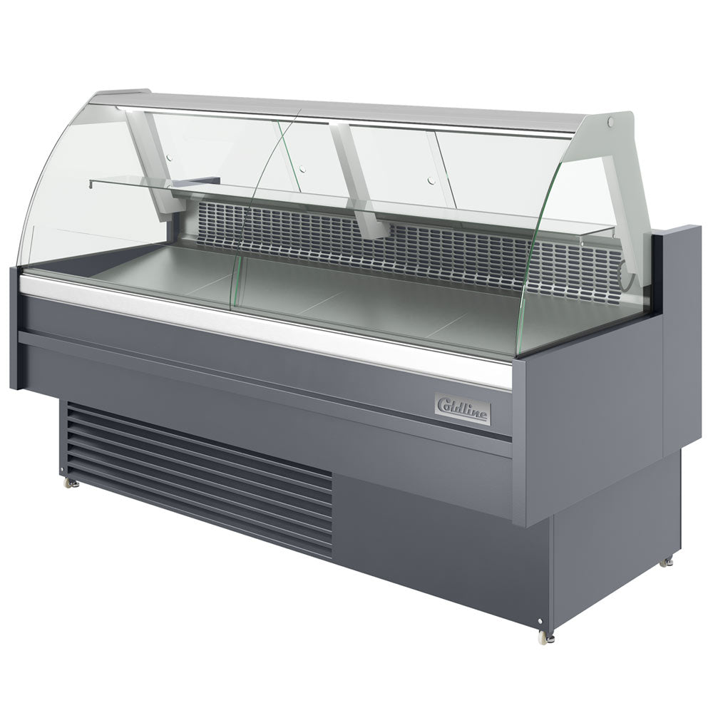 Coldline SDC72 curved glass meat deli case, angled front view
