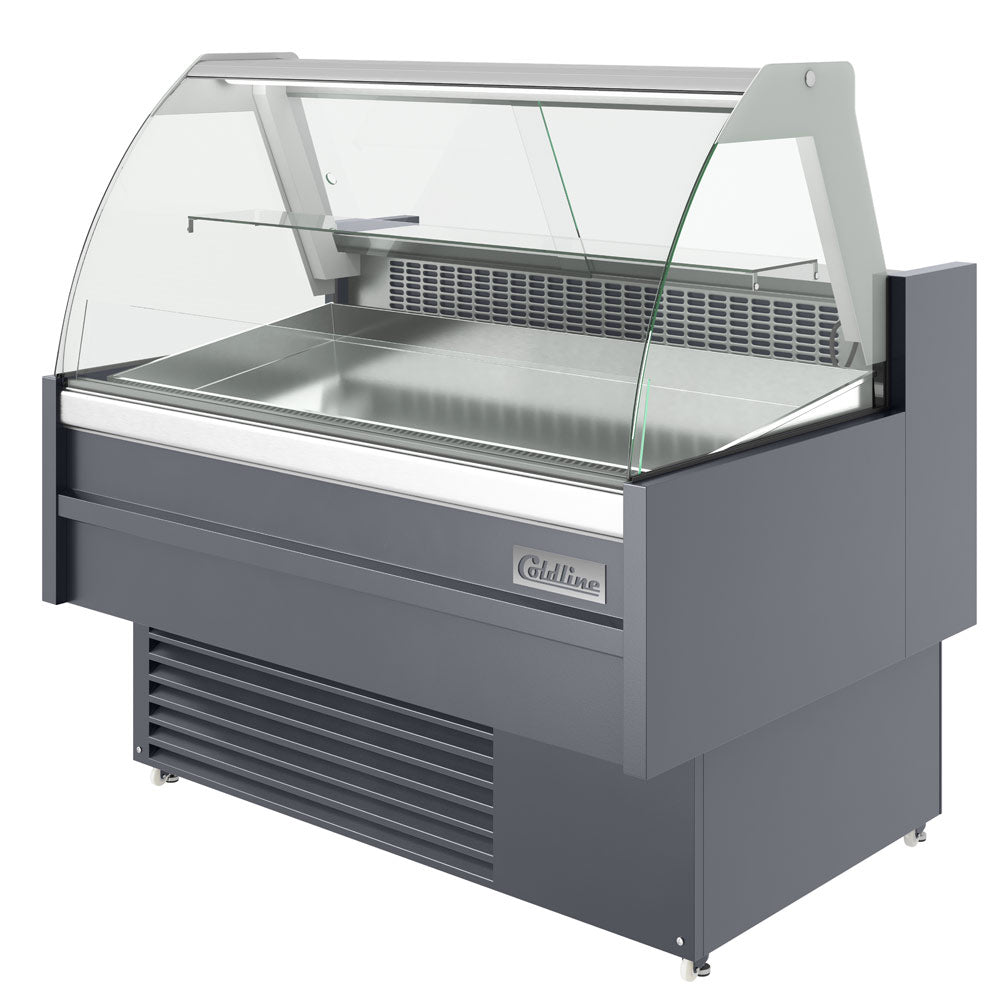 Coldline SDC48-F refrigerated fish display case, angled front view