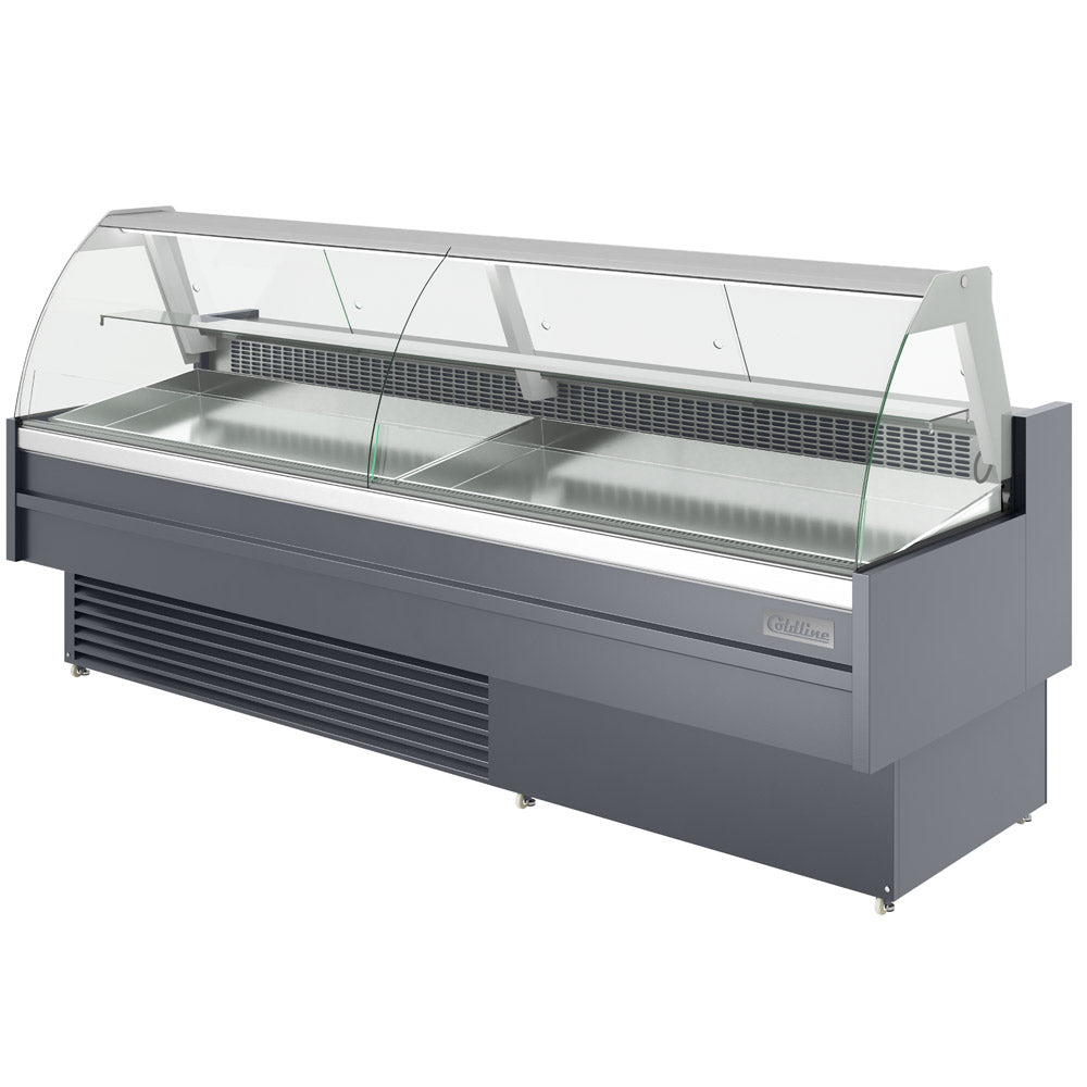 Coldline SDC98-F refrigerated fish display case, angled front view