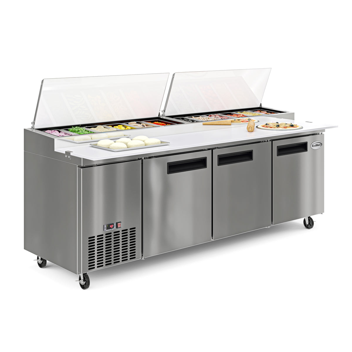 KoolMore KM-RPPS-3DSS 92-Inch Refrigerated Pizza Prep Table — 3 Doors, Stainless-Steel