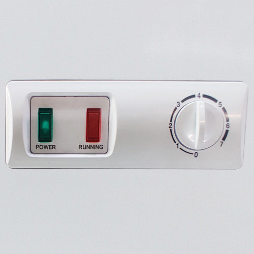 Coldline CF91 commercial chest freezer, temperature knob and indicator lights, close-up