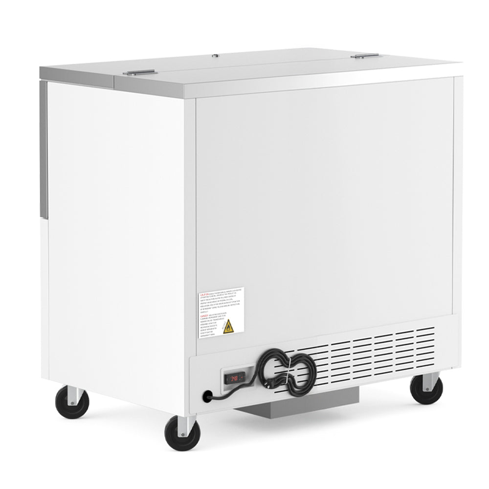 Coldline MC34 white school milk cooler, rear angle view with compressor
