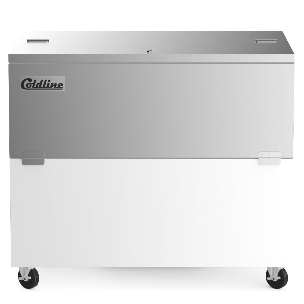 Coldline MC49 white school milk cooler, front view, lid closed