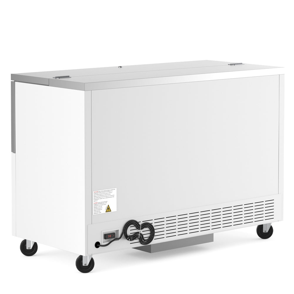 Coldline MC58 white school milk cooler, rear angle view with compressor