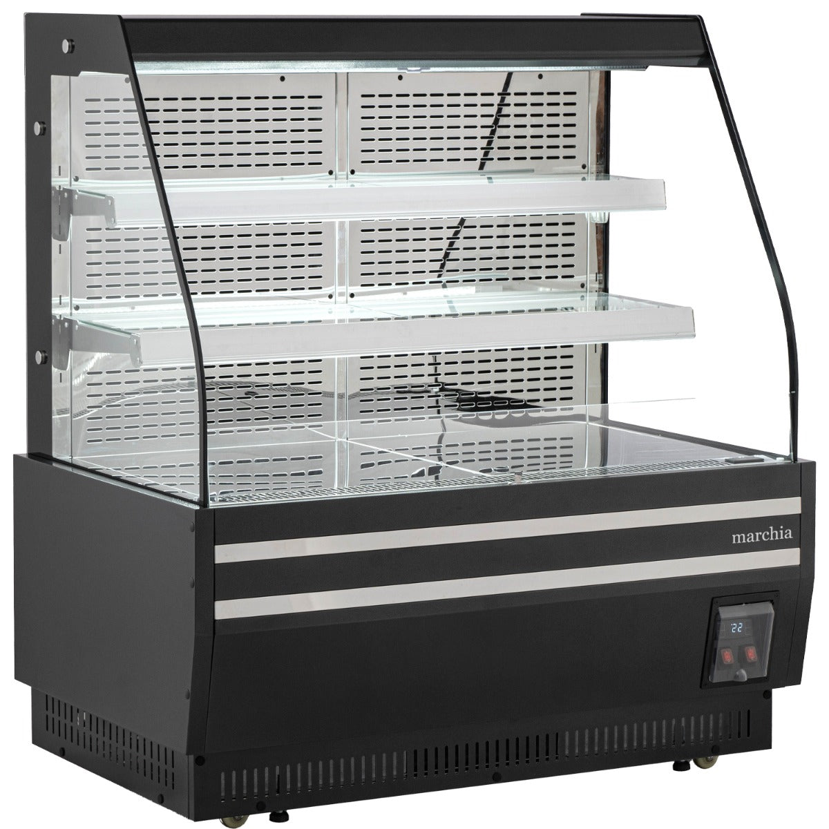 Marchia MDS1200-B 48" open air grab and go merchandiser, empty, angle view