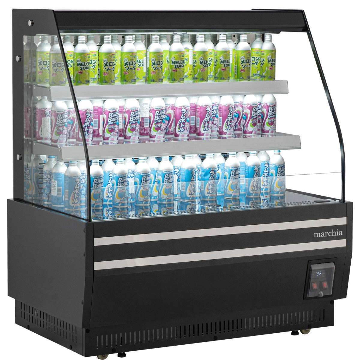 Marchia MDS1200-B 48" open air grab and go merchandiser, stocked with bottled drinks, angle view