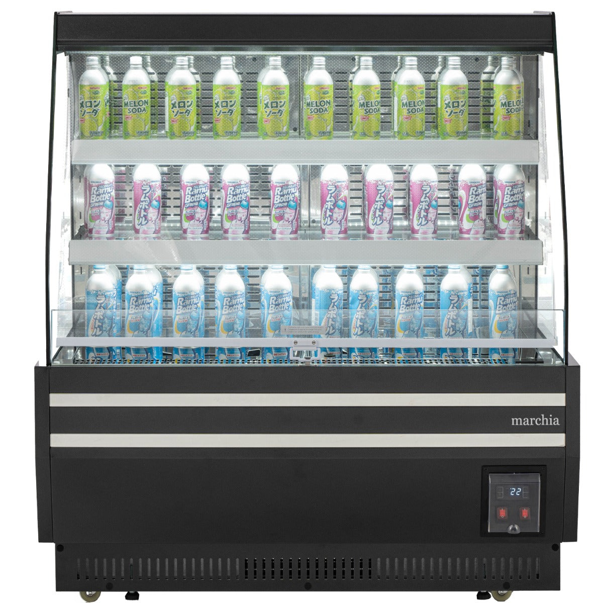 Marchia MDS1200-B 48" open air grab and go merchandiser, stocked with bottled drinks, front view