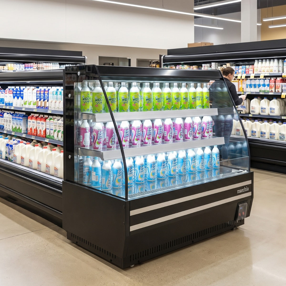 Marchia MDS1500-B 60" open air grab and go merchandiser, stocked with drinks in a store